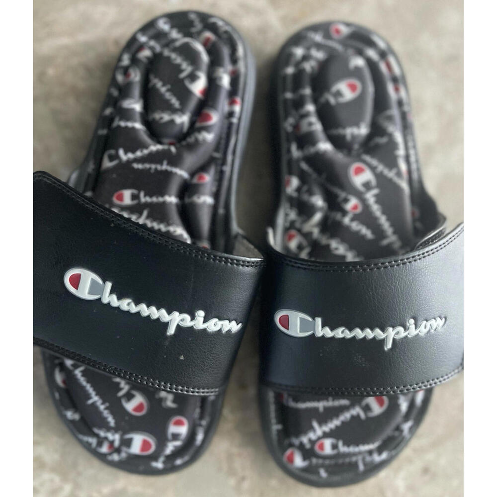 champion sandals mens boys‎  Size  5 USA  New Squichy BLACK WHITE CHAMPION